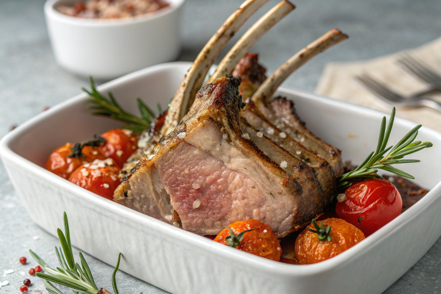 7 Recettes d'Agneau Savoureuses à Tester Absolument 3 Recette Carré d'Agneau doré, rosé à cœur, romarin frais, tomates cerises rôties