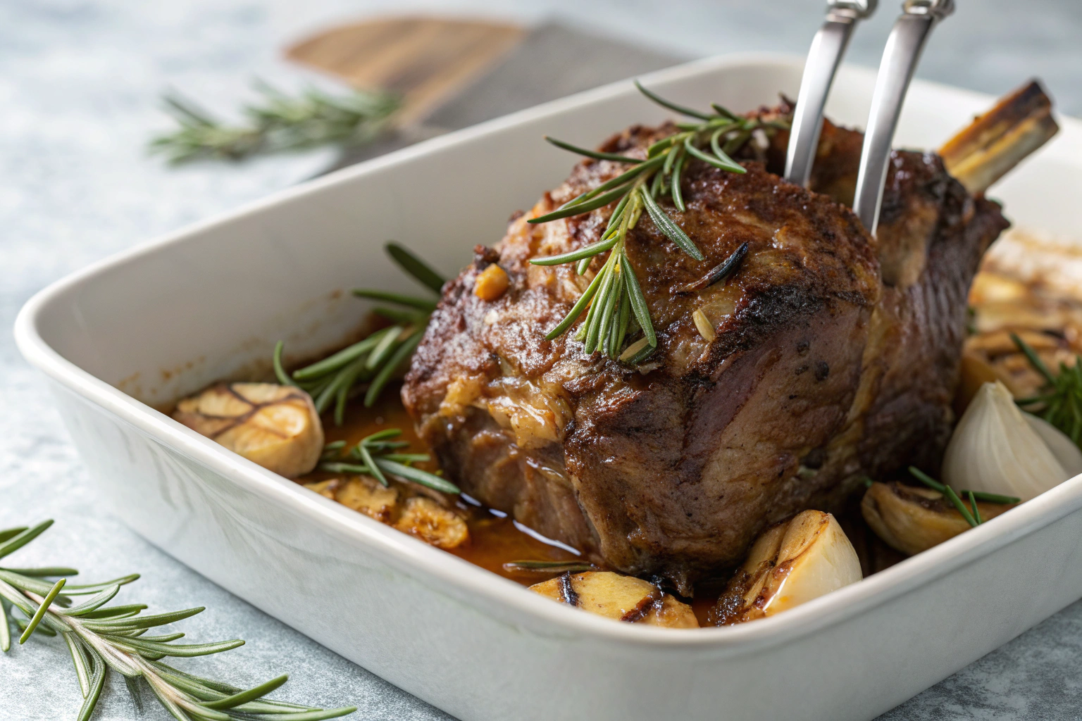 Recette gigot d'agneau confit : La Plus Savoureuse ! 1 Gigot d'agneau confit, romarin frais, gousses d'ail rôties, viande tendre