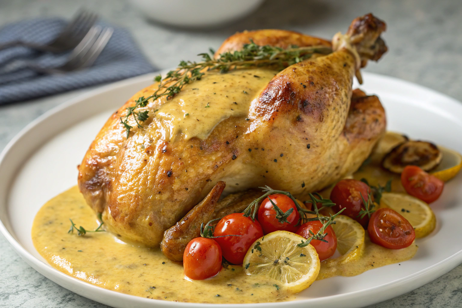 Le Poulet Entier à la Moutarde: Une Recette Incontournable et Facile 3 Poulet entier à la moutarde doré, nappé de sauce crémeuse et garni d'herbes fraîches dans un plat blanc
