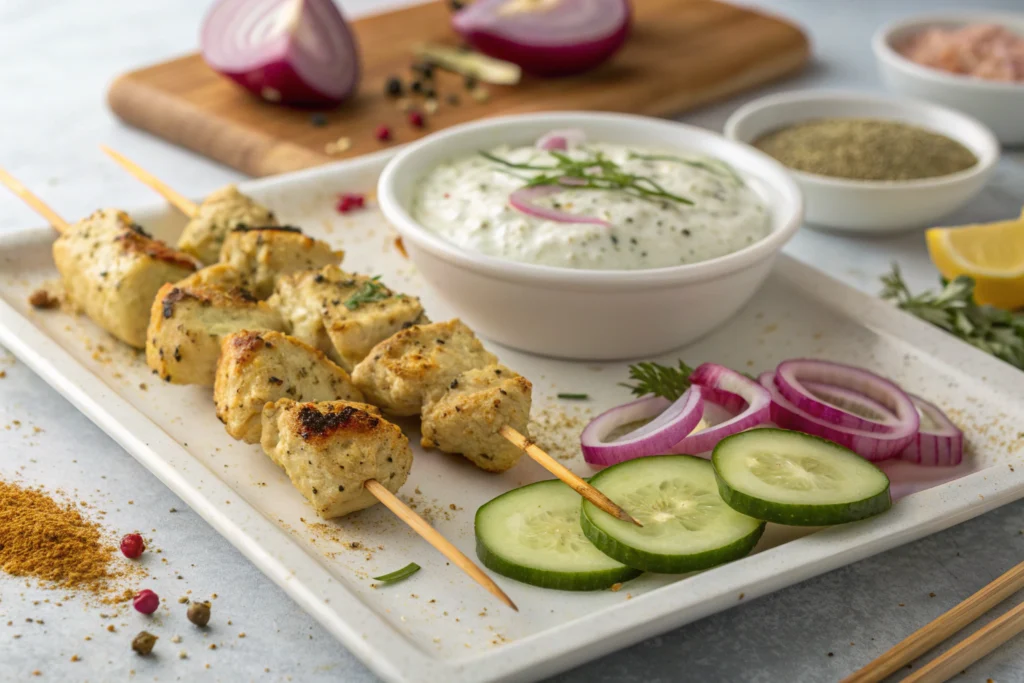 Brochettes de poulet grecques : recettes incontournables 2 Brochettes de poulet grillées avec marinade grecque, tomates cerises dorées, concombre coupé et origan frais sur un plat blanc