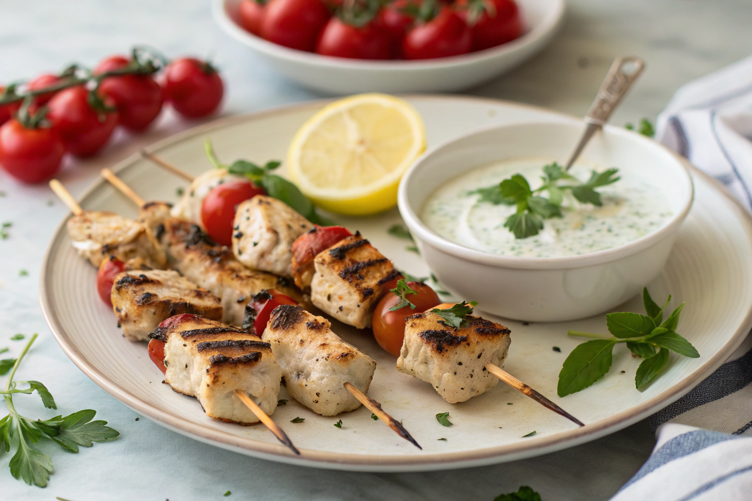Guide des Recettes de Poulet BBQ : Marinades, Techniques et Astuces 6 Brochettes de poulet grillées avec marinade grecque, tomates cerises dorées, concombre coupé et origan frais sur un plat blanc
