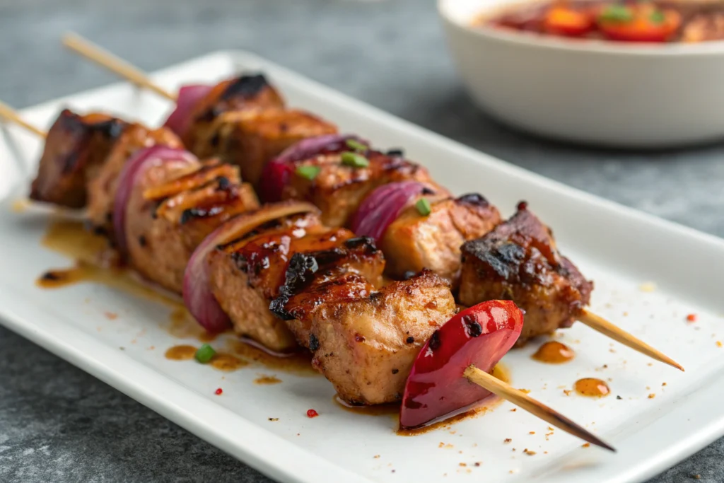 Découvrez les Brochettes de poulet BBQ des Philippines 2 Brochettes de poulet BBQ des Philippines avec des morceaux de poulet marinés oignon herbes fraîches sauce soja