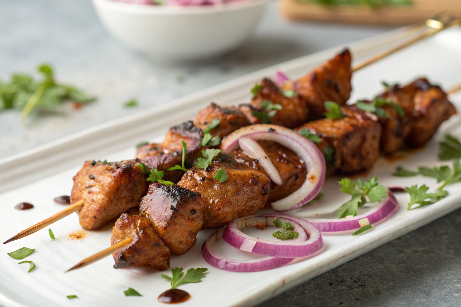 Guide des Recettes de Poulet BBQ : Marinades, Techniques et Astuces 8 Brochettes de poulet BBQ des Philippines avec des morceaux de poulet marinés oignon herbes fraîches sauce soja