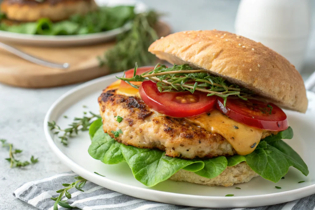 Burger poulet maison avec poulet grillé croustillant laitue fraîche tomate fromage fondu oignon croquant plat blanc