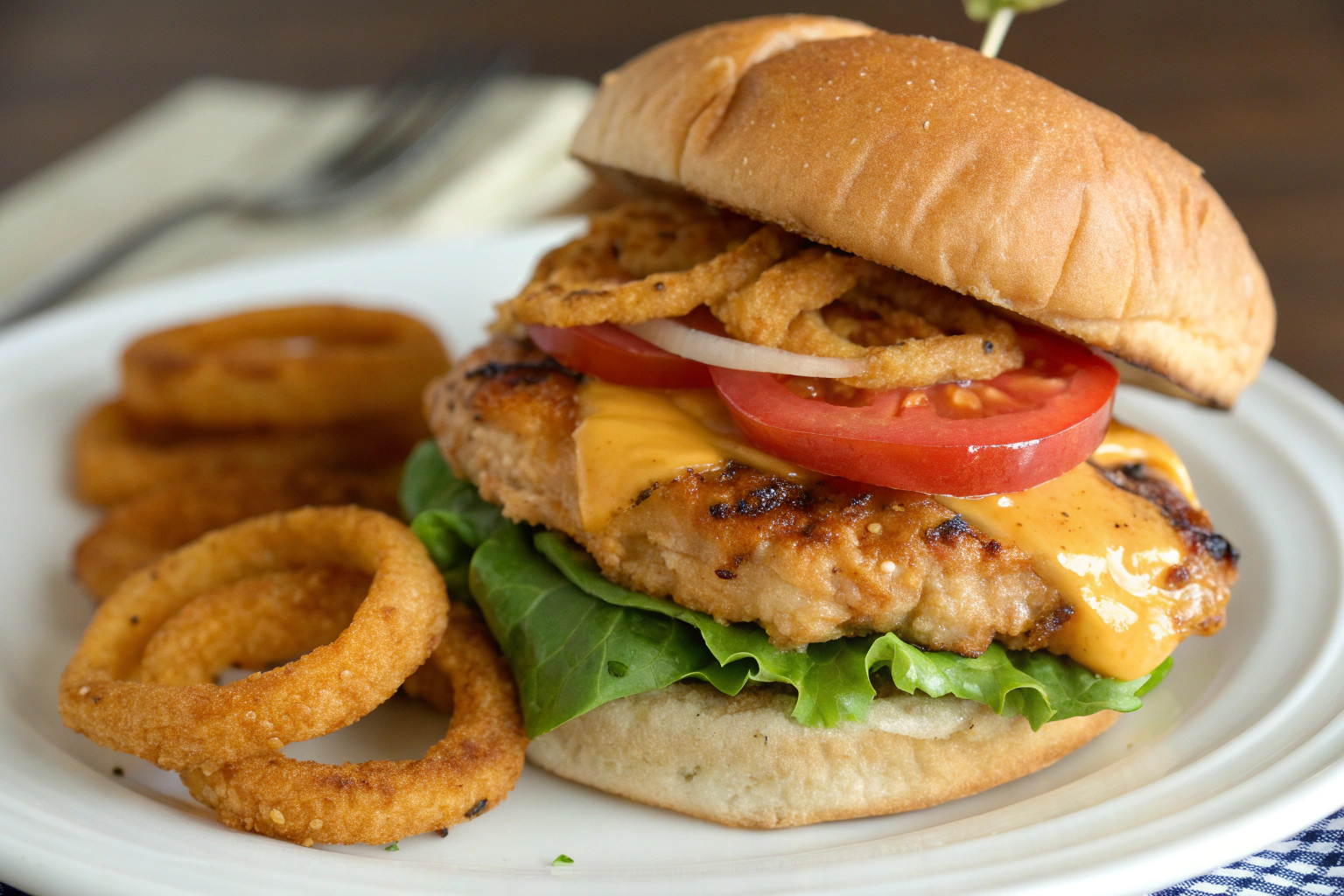 Burger poulet maison : recette prouvée délicieuse 2 Burger poulet maison avec poulet grillé croustillant laitue fraîche tomate fromage fondu oignon croquant plat blanc
