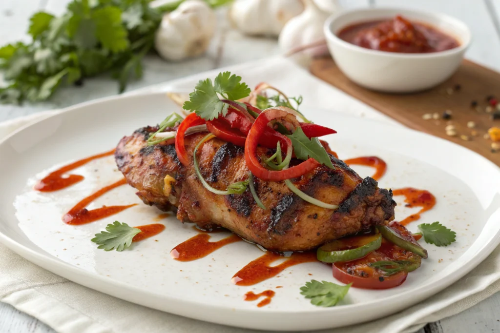 Poulet BBQ glace sur assiette blanche avec oignon grillé sauce soja brillante et herbes fraîches