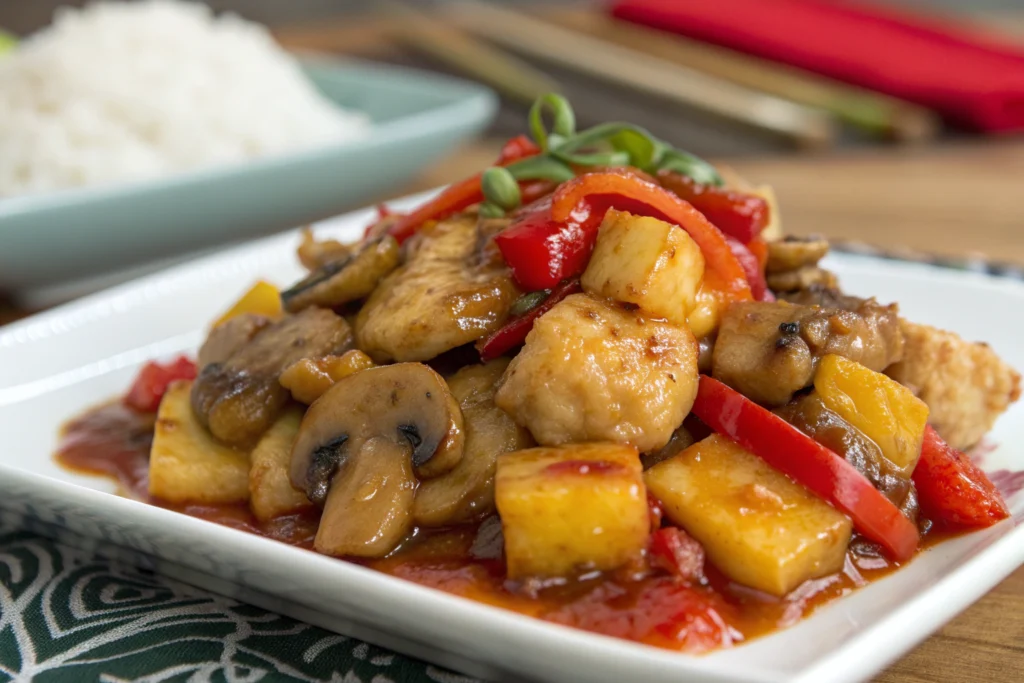 Poulet à l'aigre-doux express 2 Poulet à l'aigre-doux croustillant avec ananas morceaux sauce glissante poivron rouge et champignons sautés