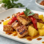 Poulet à l'aigre-doux croustillant avec ananas morceaux sauce glissante poivron rouge et champignons sautés