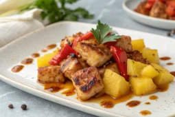 Poulet à l'aigre-doux croustillant avec ananas morceaux sauce glissante poivron rouge et champignons sautés