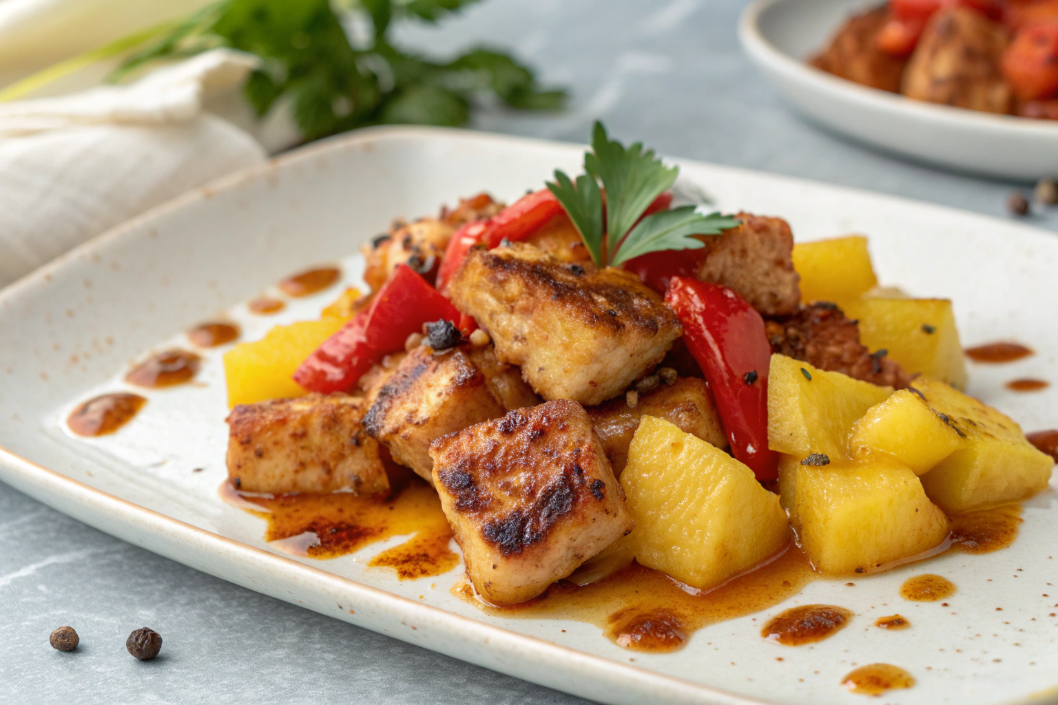 Poulet à l'aigre-doux express 3 Poulet à l'aigre-doux croustillant avec ananas morceaux sauce glissante poivron rouge et champignons sautés