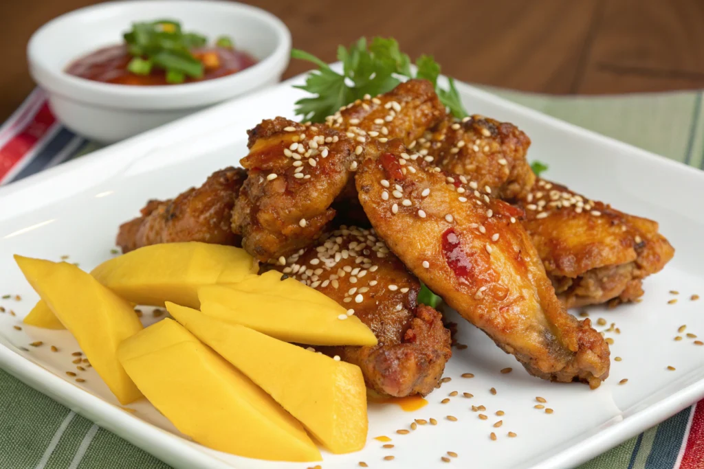 Découvrez le Poulet BBQ Chipotle et Mangue Incontournable ! 2 Ailes de poulet croustillantes nappées de sauce barbecue chipotle-mangue, mangue tendre, coriandre fraîche et assiette blanche