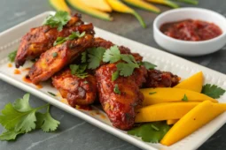Ailes de poulet croustillantes nappées de sauce barbecue chipotle-mangue, mangue tendre, coriandre fraîche et assiette blanche