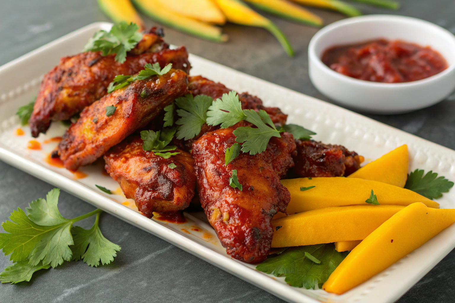 Découvrez le Poulet BBQ Chipotle et Mangue Incontournable ! 3 Ailes de poulet croustillantes nappées de sauce barbecue chipotle-mangue, mangue tendre, coriandre fraîche et assiette blanche