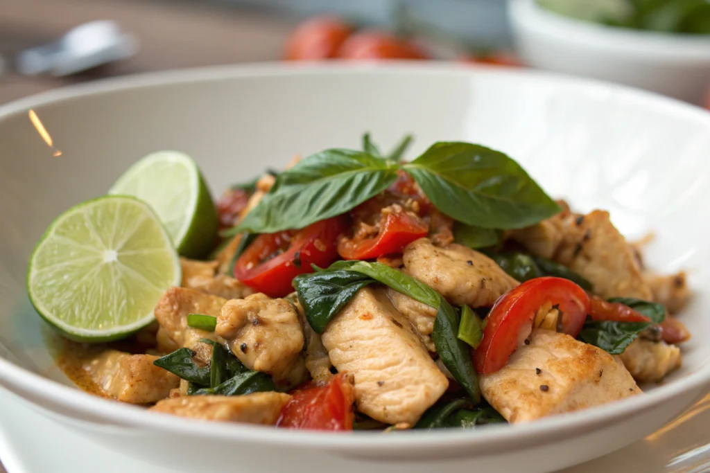 Poulet basilic thaïlandais frais tomates cerises rôties sauce soja