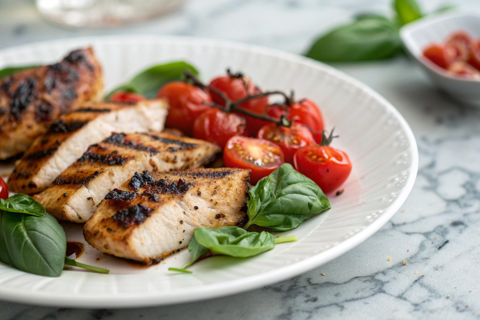 Pad Kra Pao Gai (Poulet Basilic Thaï) – Recette Authentique et Rapide 2 Poulet grillé avec basilic thaï frais tomates cerises rôties sauce soja