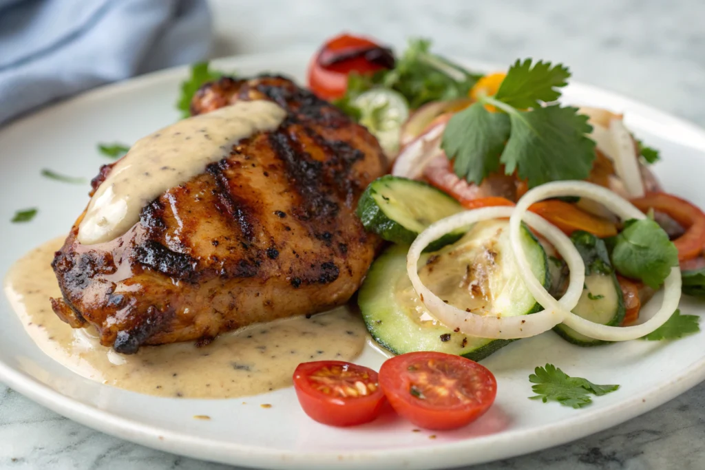 Poulet BBQ au Miel sur plat blanc avec sauce brillante oignon rouge grillé tomates cerises rôties herbes fraîches