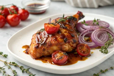 Poulet BBQ au Miel : Une Marinade Sucrée-Salée Parfaite pour l'Été 11 Poulet bbq miel sur plat blanc avec sauce brillante oignon rouge grillé tomates cerises rôties herbes fraîches