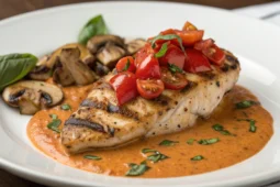 Poulet curry rouge cuit à la poêle garni de tomates rôties champignons sautés basilic frais