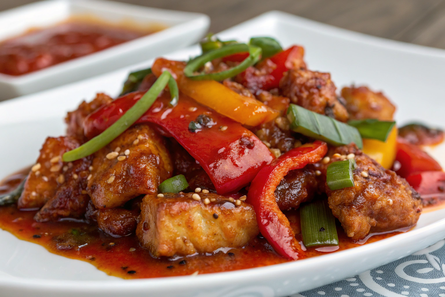 Le poulet général tao maison : la recette classique 2 Poulet Général Tao croustillant sur assiette blanche sauce rouge poivron rouge piments forts graines de sésame