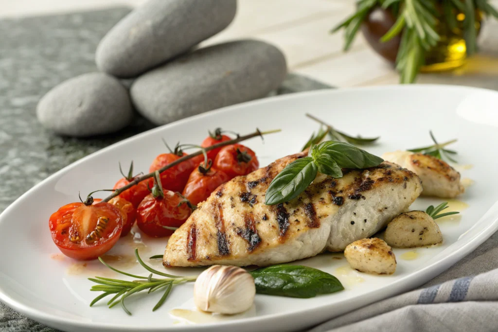 Poulet grillé à l'ail et au romarin sur une assiette blanche, garni de zestes de citron et de brins de rosmarin frais, cuits à point avec une texture croustillante