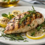 Poulet grillé à l'ail et au romarin sur une assiette blanche, garni de zestes de citron et de brins de rosmarin frais, cuits à point avec une texture croustillante