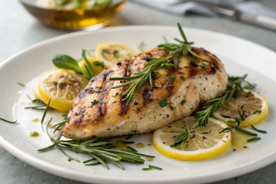 Poulet grillé à l'ail et au romarin sur une assiette blanche, garni de zestes de citron et de brins de rosmarin frais, cuits à point avec une texture croustillante
