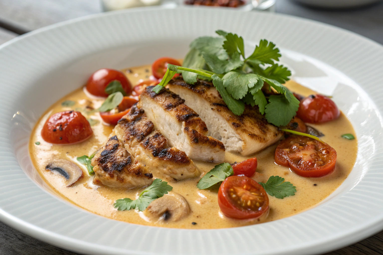 Poulet grillé tom yum sur assiette blanche avec tomates cerises rôties ciboulette fraîche sauce parfumée