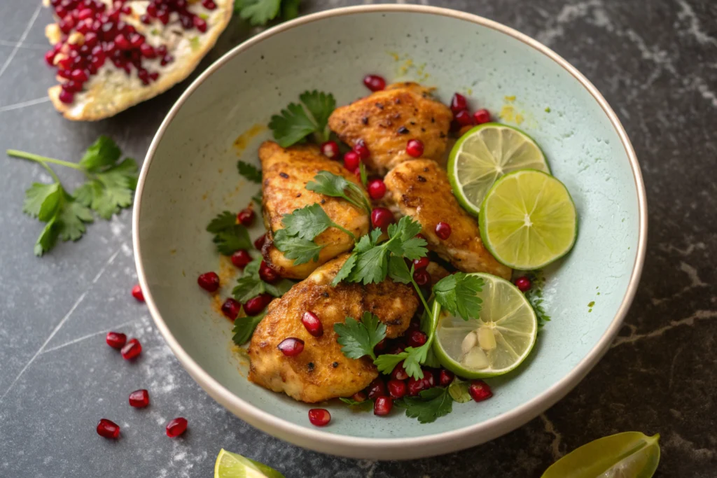 Poulet au Miel et Citron Vert : Une Touche d'Exotisme pour Vos Repas 2 Poulet miel citron vert avec zestes de citron fraîchement râpés, herbes aromatiques et légumes grillés sur assiette blanche