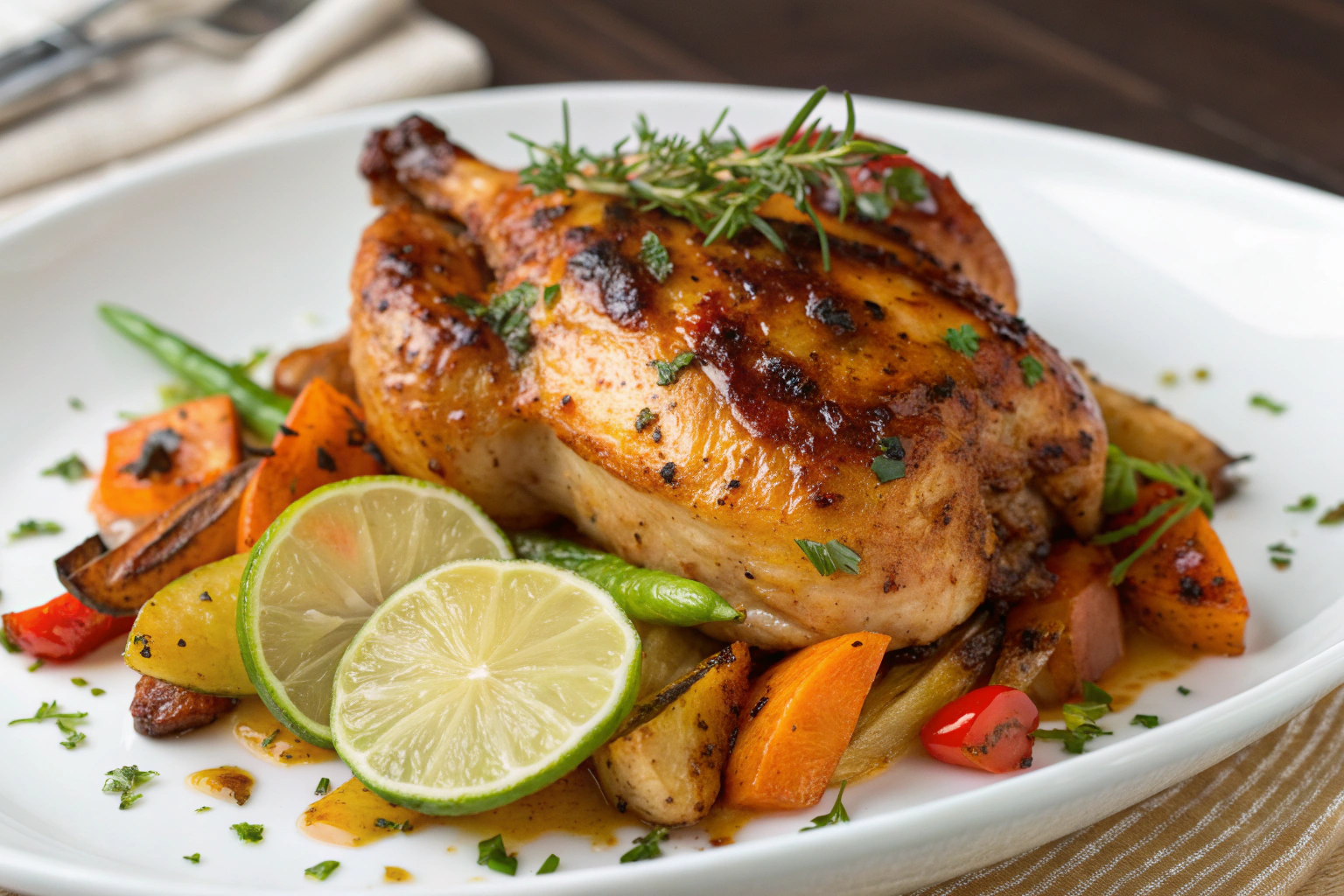 5 Variations de poulet au miel : guide complet 3 Poulet miel citron vert avec zestes de citron fraîchement râpés, herbes aromatiques et légumes grillés sur assiette blanche