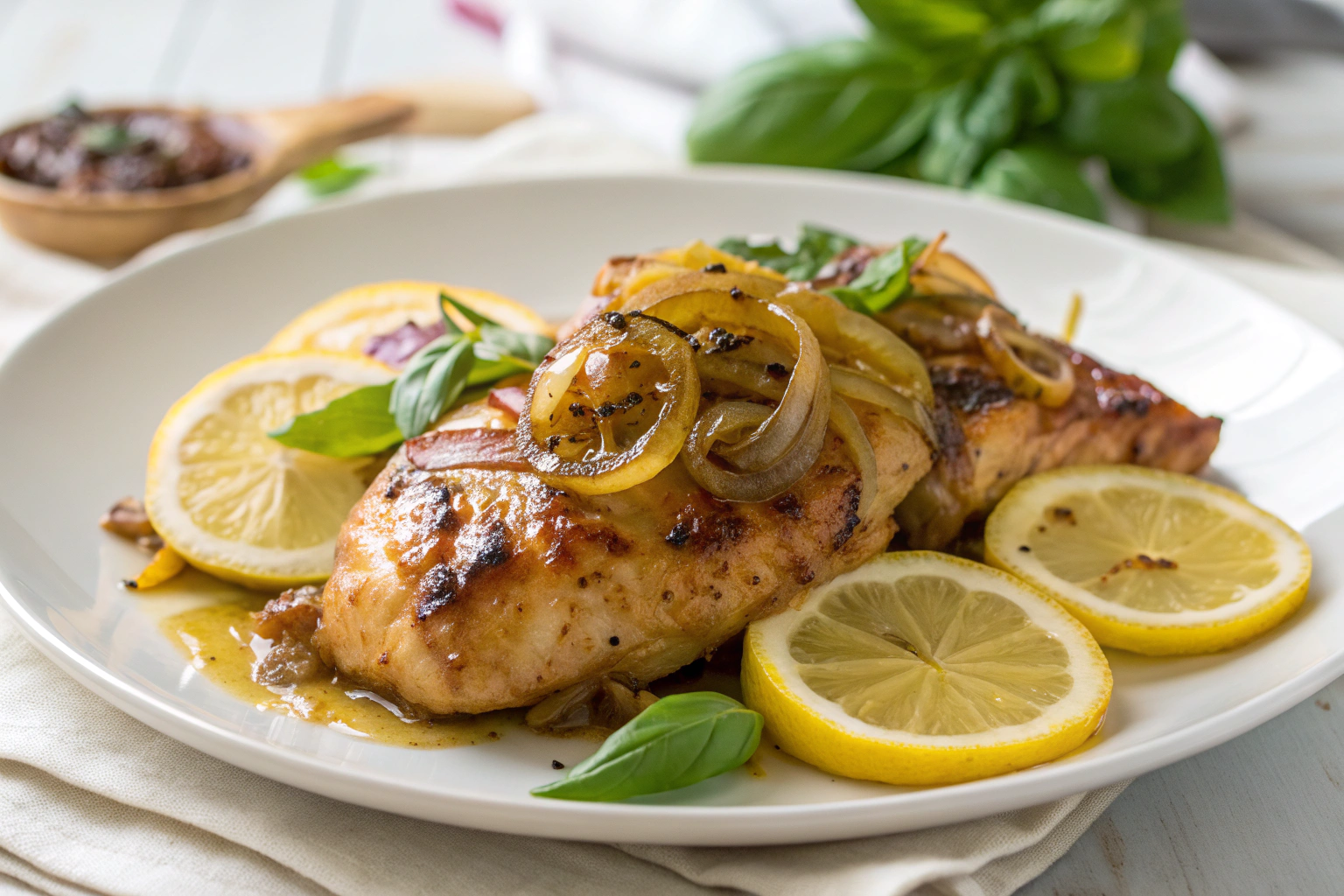 Poulet Miel Moutarde : Une Recette de Chef Alliant Saveur et Simplicité 1 Cuisse de poulet caramélisée sauce miel moutarde tomates cerises rôties thym frais sur plat blanc fond flou granite gris
