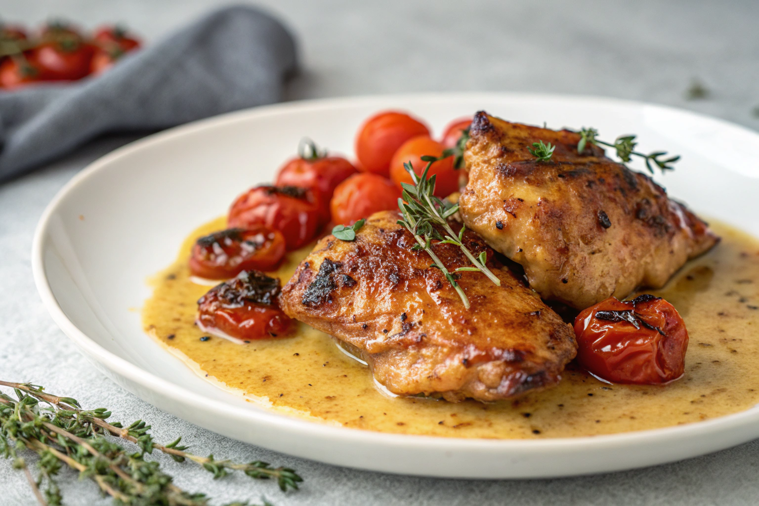 Cuisse de poulet caramélisée sauce miel moutarde tomates cerises rôties thym frais sur plat blanc fond flou granite gris