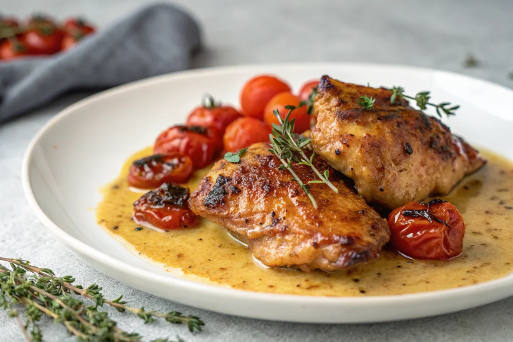 Poulet Miel Moutarde : Une Recette de Chef Alliant Saveur et Simplicité 2 Cuisse de poulet caramélisée sauce miel moutarde tomates cerises rôties thym frais sur plat blanc fond flou granite gris