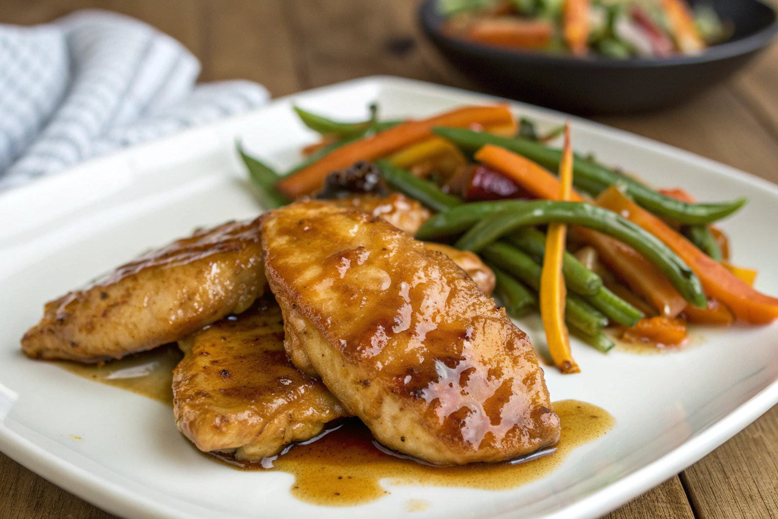 Poulet au Miel à la Poêle : Rapide, Facile et Parfaitement Doré 3 Filets de poulet caramélisés au miel sur assiette blanche avec graines de sésame et légumes verts autour éclairage doux