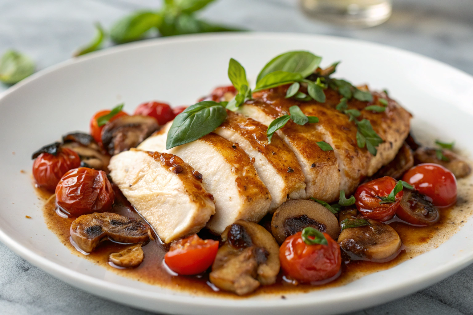 5 Variations de poulet au miel : guide complet 5 Poulet émincé doré avec sauce miel-soja champignons sautés basilic frais tomates cerises rôties assiette blanche granit gris flou