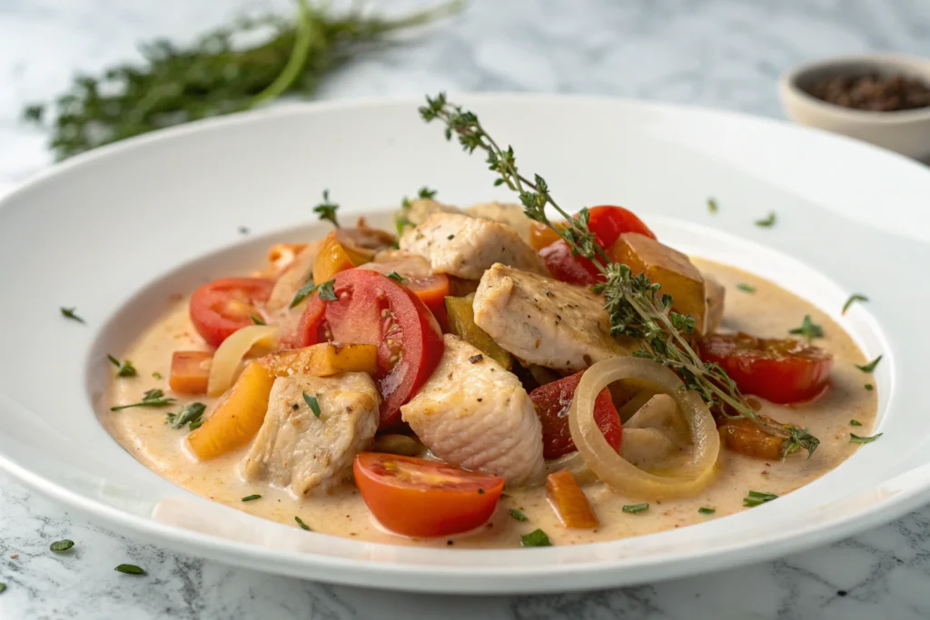 Poulet mijoteuse légumes sauce crémeuse carottes céleri herbes fraîches plat blanc