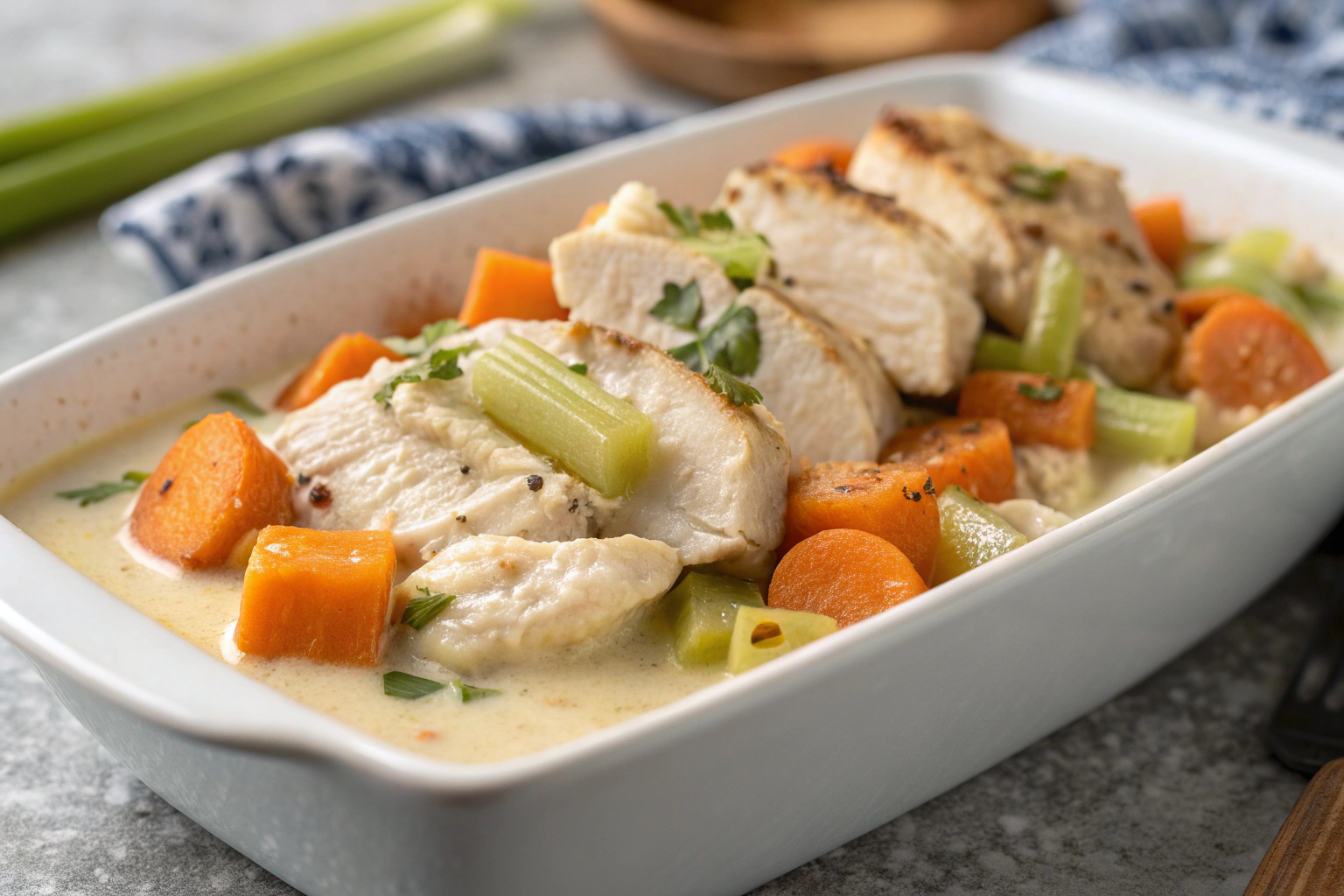 Recette poulet mijoteuse légumes : Découvrez les secrets 3 Poulet mijoteuse légumes sauce crémeuse carottes céleri herbes fraîches plat blanc