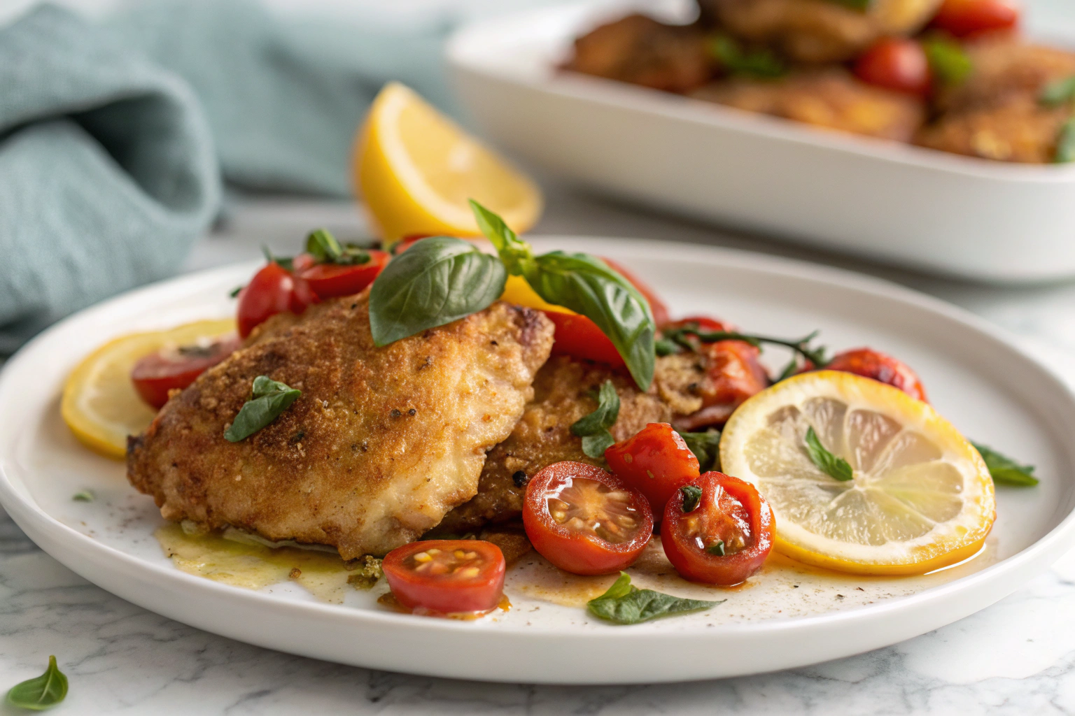 Poulet Poêle Rapide: Une Recette Facile et Délicieuse en Minutes 4 poulet poêle rapide : croustillant avec tomates confites basilic frais champignons sautés et tranches de citron sur plat blanc
