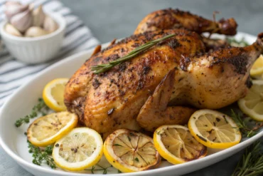 Découvrez la recette du poulet rôti aux herbes de Provence 9 Poulet rôti herbes de Provence avec peau croustillante, citron, ail, huile d'olive et champignons sautés sur une assiette blanche