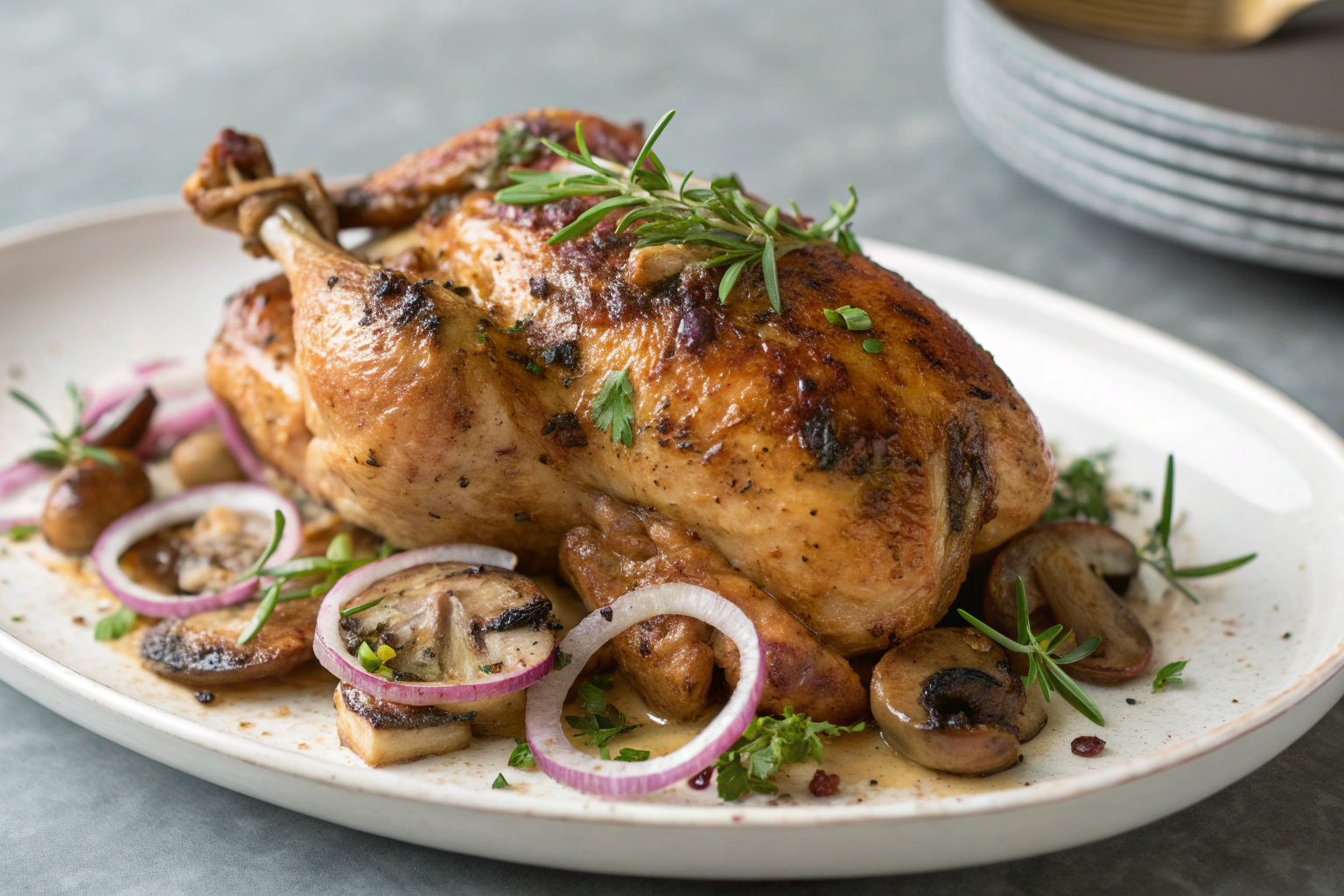 Découvrez les secrets du poulet saumuré cuit en crapaudine 3 Poulet saumuré cuit en crapaudine avec herbes de Provence et légumes rôtis sur un plat blanc