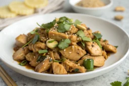 Poulet sauté au gingembre sur plat blanc avec légumes frais coriandre huile de sésame sauce hoisin