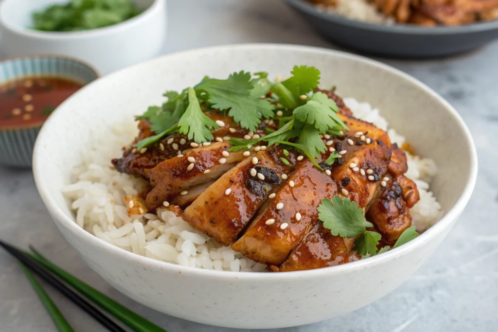 Poulet teriyaki : la recette japonaise authentique 1 Poulet teriyaki grillé, oignon et poivron sautés, sauce sucrée-salée sur une assiette blanche