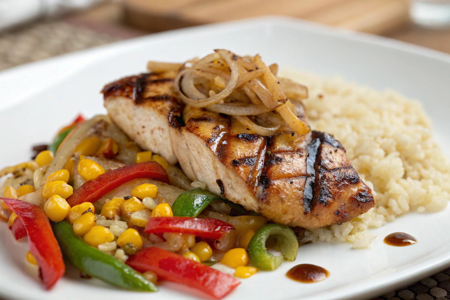 Guide des recettes poulet asiatique: 10 spécialités incontournables 2 Poulet teriyaki grillé, oignon et poivron sautés, sauce sucrée-salée sur une assiette blanche