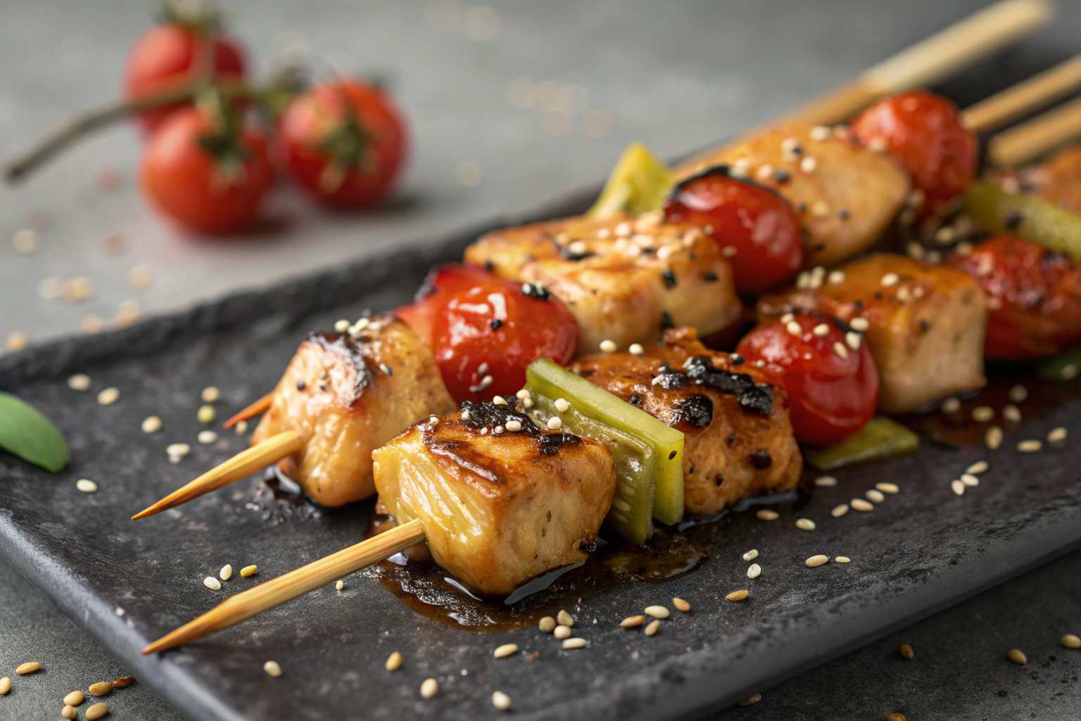 Poulet laqué façon yakitori : brochettes sucrées-salées 2 Poulet yakitori grillé sur brochette, sauce soja, persil frais, tomates cerises rôties, graines de sésame