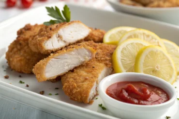 Tenders poulet croustillants & épicés à l'américaine pour adultes 8 Tenders de poulet croustillants panés dans une assiette blanche avec sauce Buffalo et légumes frais