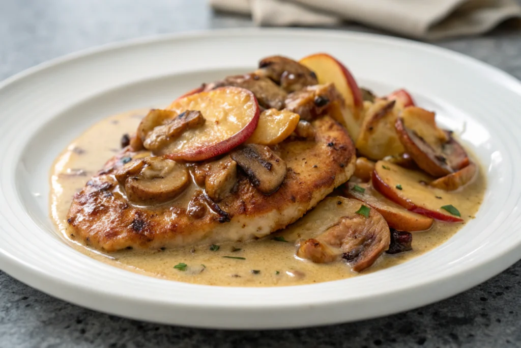 Aiguillettes de poulet à la normande nappées d'une sauce au cidre et champignons avec garniture de lardons et persil