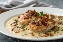 Aiguillettes de poulet à la normande nappées d'une sauce au cidre et champignons avec garniture de lardons et persil
