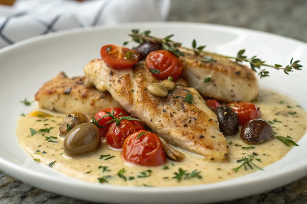 Aiguillettes de poulet à la provençale avec sauce tomate, olives et herbes de Provence dans une assiette blanche