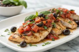 Aiguillettes de poulet à la provençale avec sauce tomate, olives et herbes de Provence dans une assiette blanche