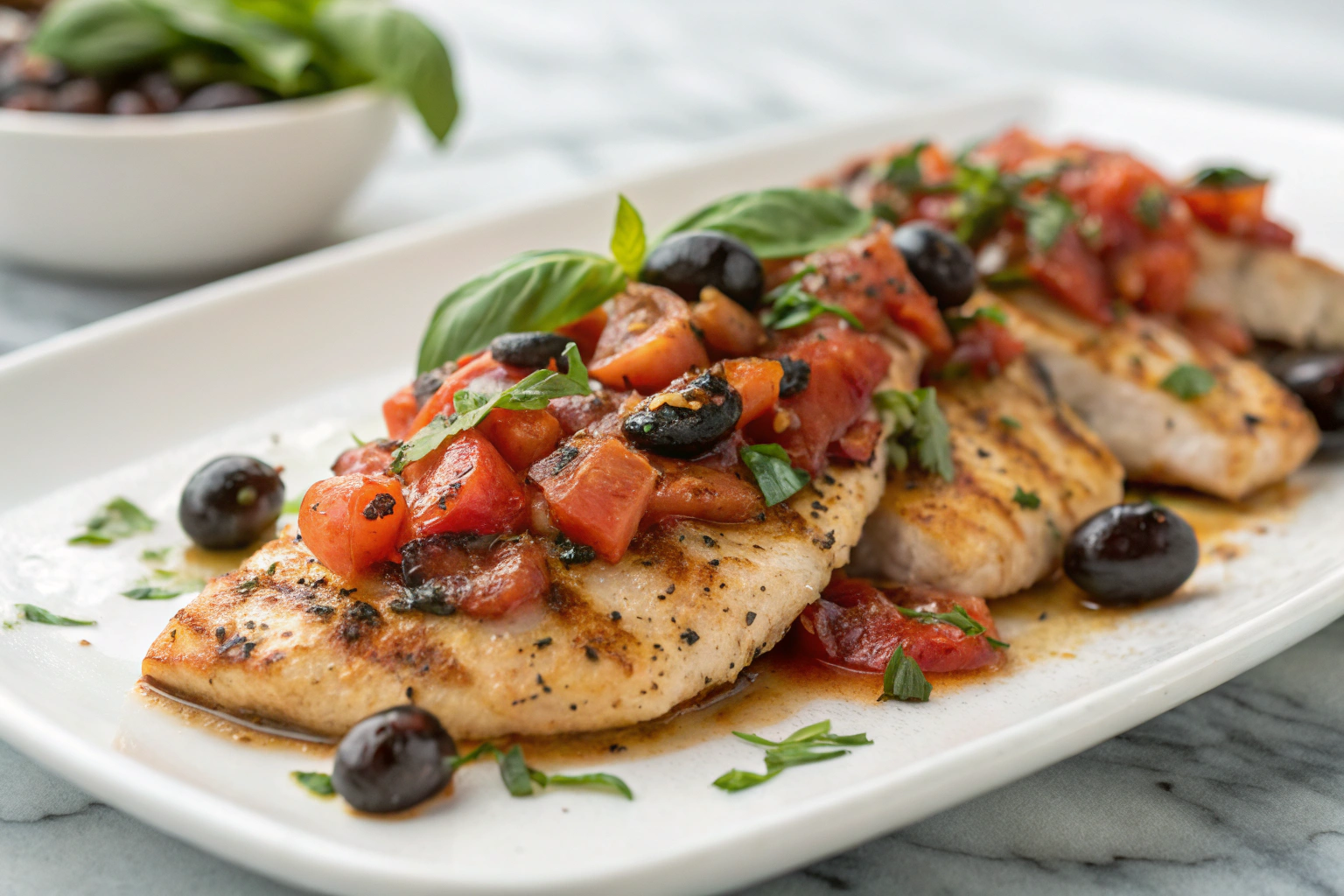 Aiguillettes de poulet à la provençale avec sauce tomate, olives et herbes de Provence dans une assiette blanche