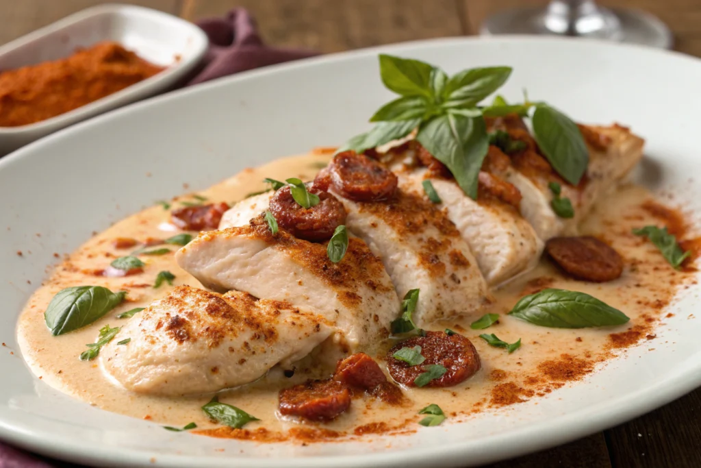 Aiguillettes de poulet sauce chorizo crémeuse avec garniture de persil et copeaux de chorizo